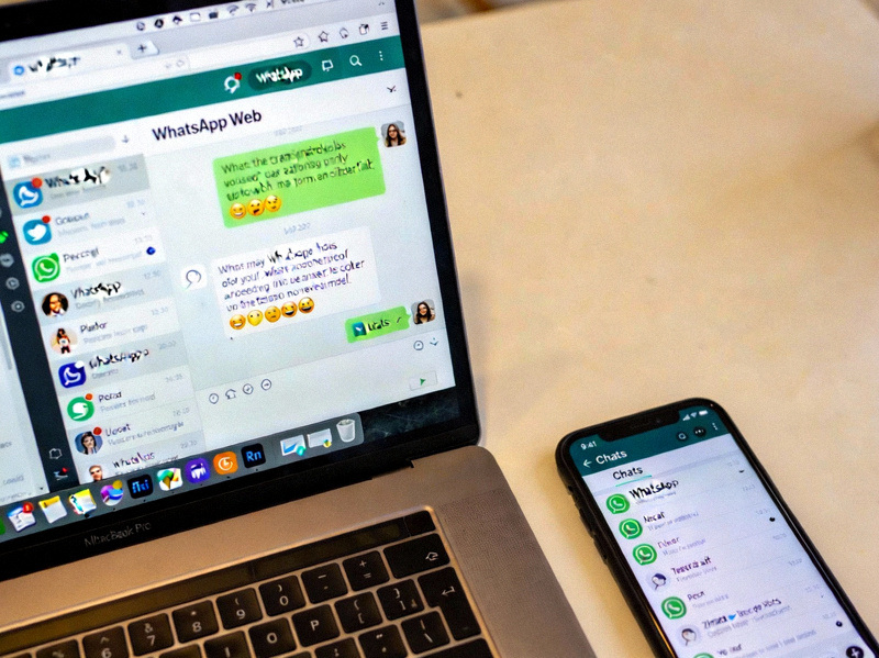 笔记本电脑屏幕上显示WhatsApp网页版聊天界面，旁边放着一部手机